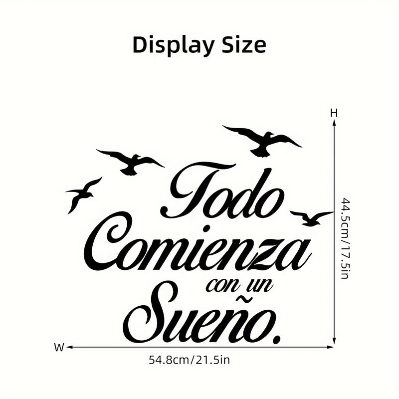 Pegatina de vinilo autoadhesiva 'Todo Comienza Con Un Sueño' - Calcomanía con frase motivadora en español para habitación, sala de estar u oficina - Estilo contemporáneo, diseño gráfico, acabado semimate, desmontable