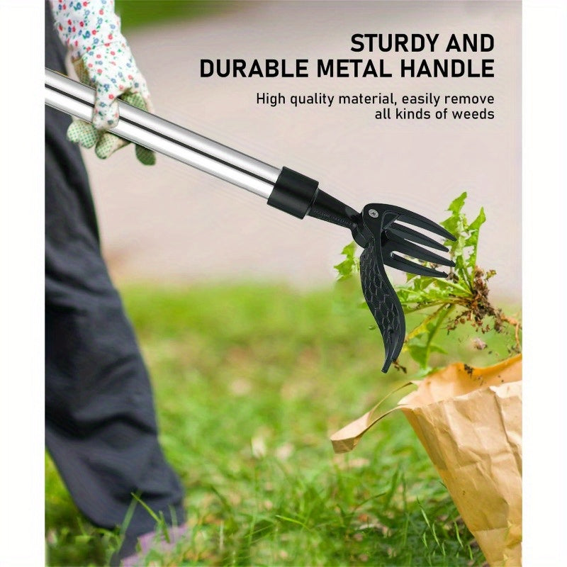 Pulidor de malezas de acero manual de 3 secciones con cabeza de cuatro garras y mango largo - Diseño de poste ergonómico para la fácil eliminación vertical de malezas, no se requiere doblarse o arrodillarse, herramienta de jardín duradera de metal para e