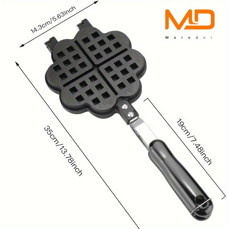 1 pieza, sartén de waffles de corazón de doble cara antiadherente, molde de waffles de aleación de aluminio con mango negro, perfecto para waffles belgas y sandwiches, accesorio de cocina para hornear, molde de waffles