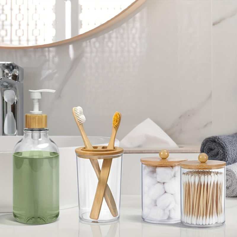 Juego de 4 Accesorios para Baño, Dispensador de Jabón, Portacepillos, 2 Tarros para Hisopos, Decoración Rústica Boho, Set Marrón