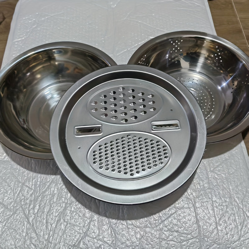 Juego de 3 tazones de acero inoxidable para cocina, tazones multifuncionales seguros para alimentos, con rallador integrado, inserto desmontable para rebanar en capas y sistema de escurrido, para lavar y cortar frutas, verduras y queso