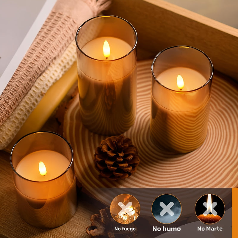 Conjunto de 3 Velas LED Elegantes Grises con Control Remoto - Quemadores de Cera Sin Llama Parpadeante para Bodas, Cumpleaños y Decoración de Navidad