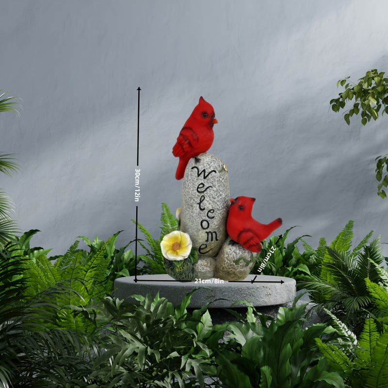 Estatua de pájaro rojo alimentada por energía solar - Decoración de jardín al aire libre con letrero "BIENVENIDO", adorno de césped iluminado, ideal para regalos de Día de la Madre y Día del Padre, escultura de resina eficiente en energía, acento festivo