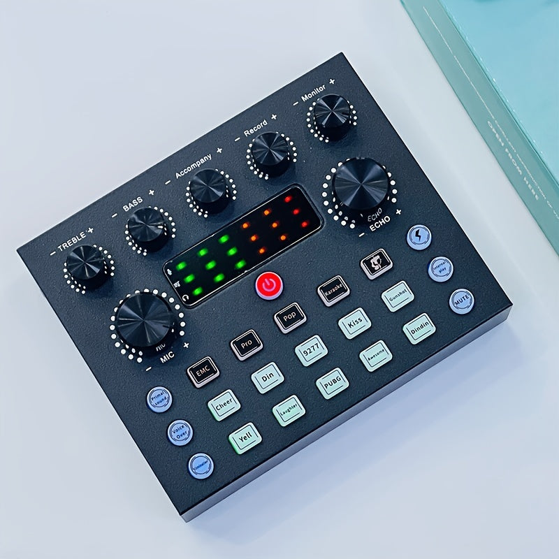 Interfaz de Audio V8S Pro con Efectos de Cambio de Voz - Alimentada por USB, Recargable de 500mAh, Tarjeta de Sonido ABS Negra para Grabación en PC, Canto, Streaming y Juegos, Incluye Conector para Micrófono y Auriculares