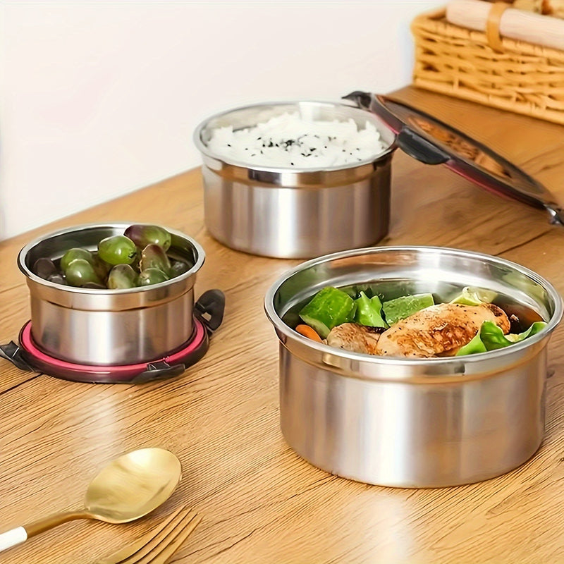 1 Juego de 3 Contenedores de Conservación de Alimentos, A Prueba de Fugas, Reutilizables de Acero Inoxidable con Tapas, Adecuados para Tazones Sellados, Cajas de Almacenamiento de Alimentos Frescos y Cajas de Bento