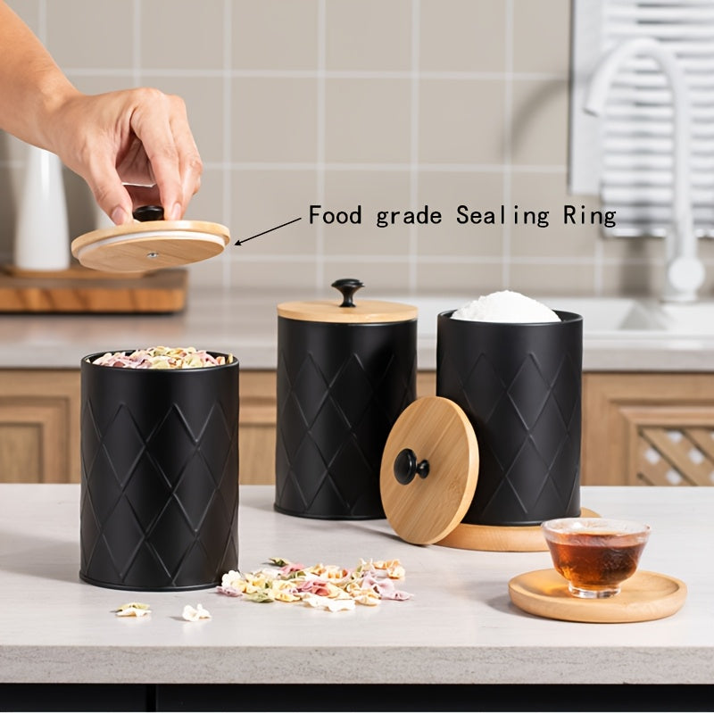 Conjunto de 3 piezas de tarro metálico negro sellado, Contenedor de almacenamiento de malla circular con tapa de bambú sellada para encimera de cocina, Adecuado para almacenar granos de café, té, dulces y cereales - Reutilizable