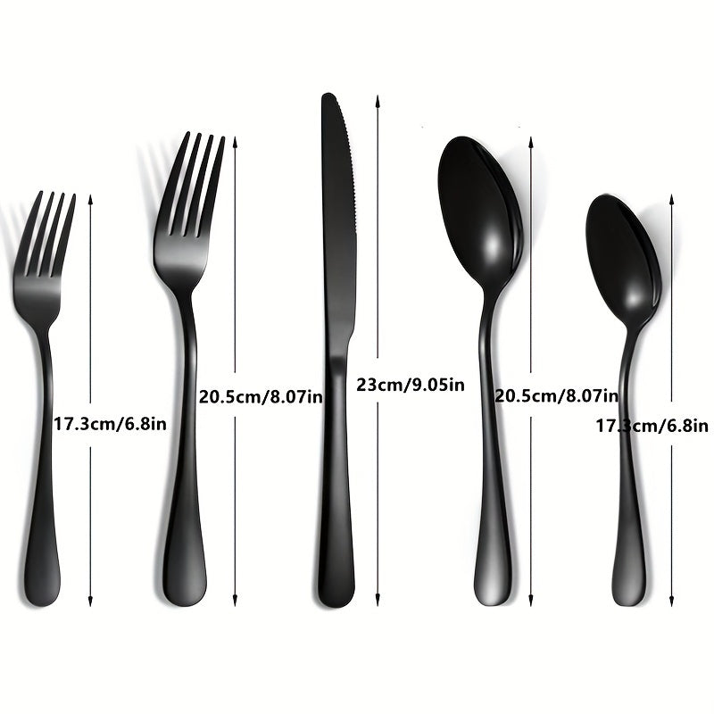 Juego de cubiertos de acero inoxidable estilo occidental, 40 piezas, para 8 personas, color negro, incluye cuchillo, tenedor, cuchara, tenedor de postre y cuchara de postre, ideal para restaurantes familiares, hoteles y banquetes de bodas, seguro para la