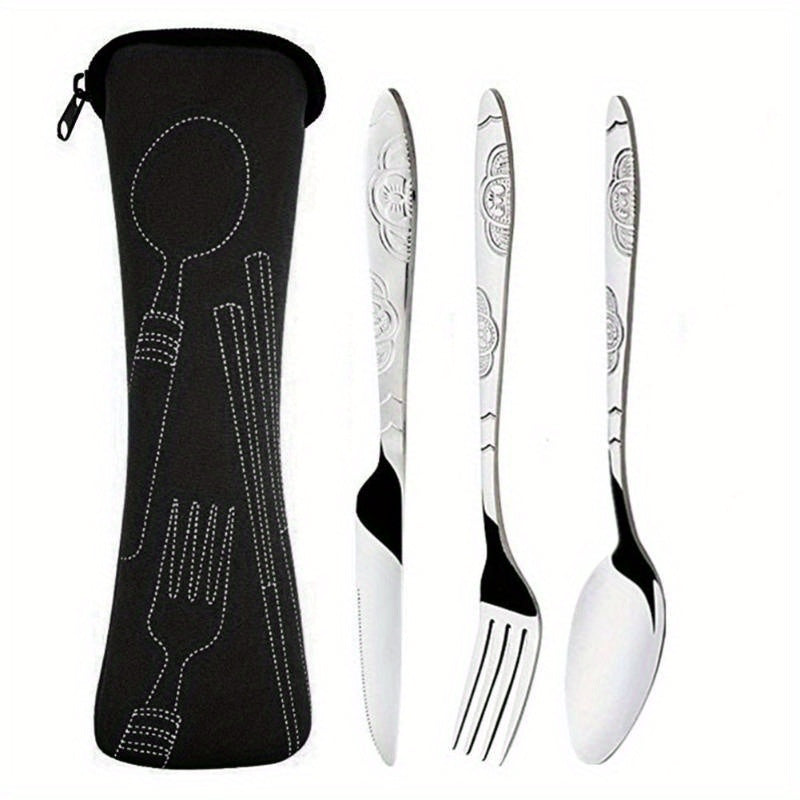 Juego de 3 piezas de cubiertos portátiles, cuchillo, tenedor y cuchara de acero inoxidable con estampado, para camping, barbacoa y uso familiar, incluye bolsa