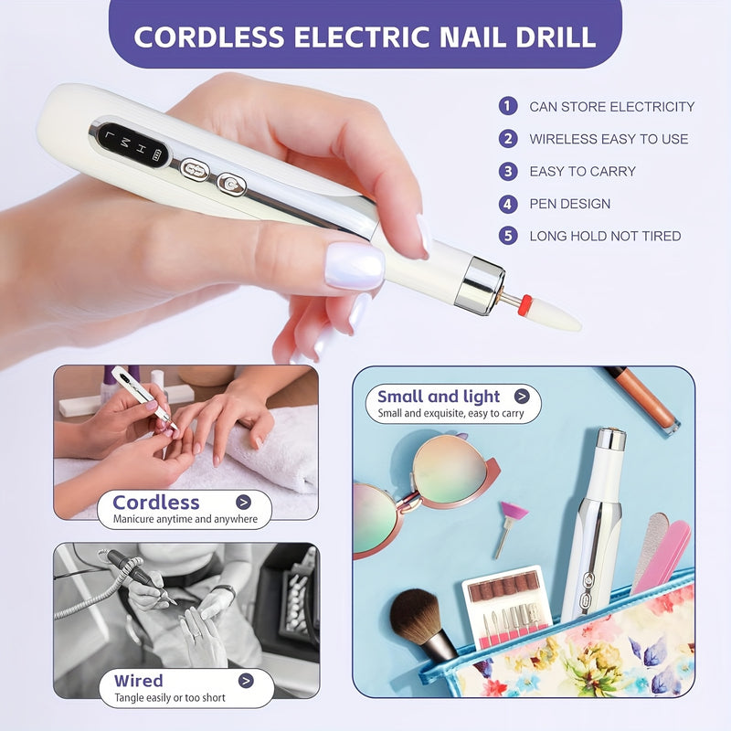 Broca Eléctrica Portátil para Uñas, Juego Compacto de Lima Profesional para Acrílico y Gel, Herramientas de Manicura y Pedicura con Estilo para Uso en Salón o Hogar, Color Blanco
