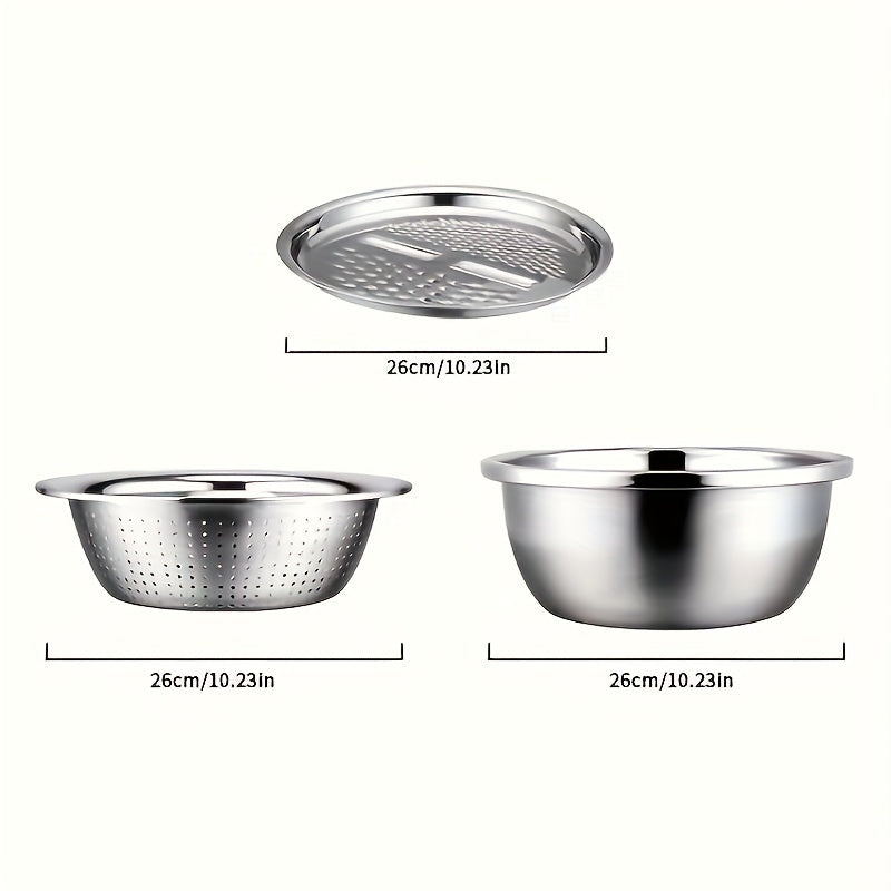 Juego de 3 tazones de acero inoxidable para cocina, tazones multifuncionales seguros para alimentos, con rallador integrado, inserto desmontable para rebanar en capas y sistema de escurrido, para lavar y cortar frutas, verduras y queso