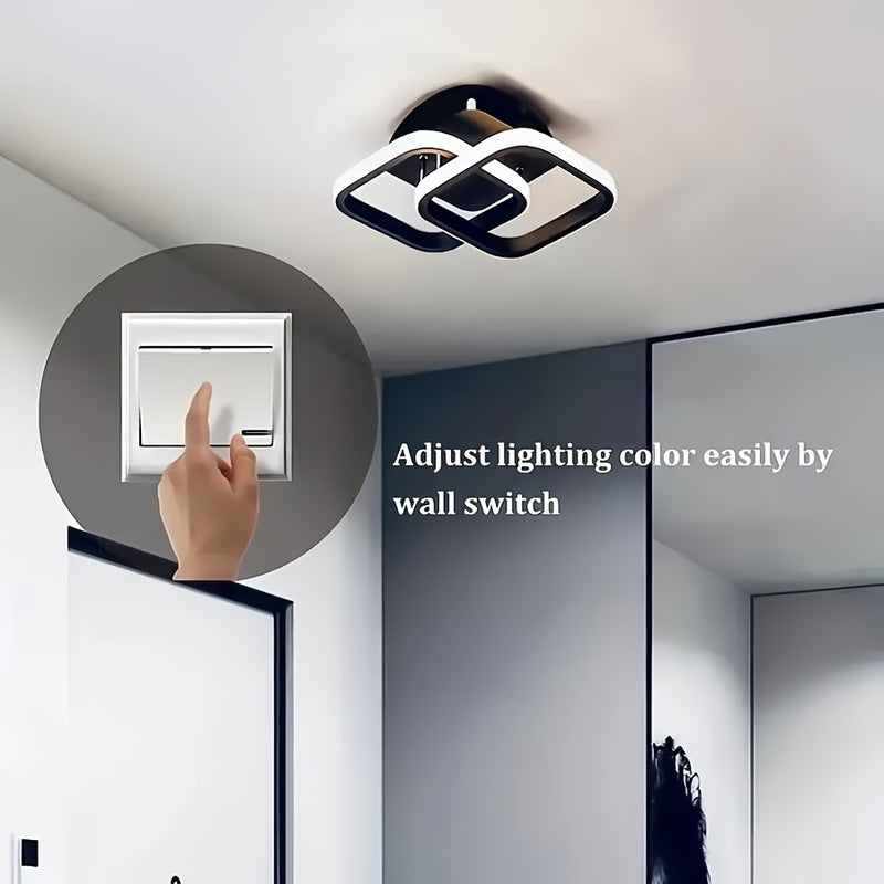 Lámpara de techo moderna blanca cuadrada con patrones geométricos - Iluminación ajustable, semi-inclinada para cocina, pasillo, balcón, escaleras y dormitorio, diseño cercano al techo, acabado metálico, cableado duro, 110V-240V, luces de techo para vivie