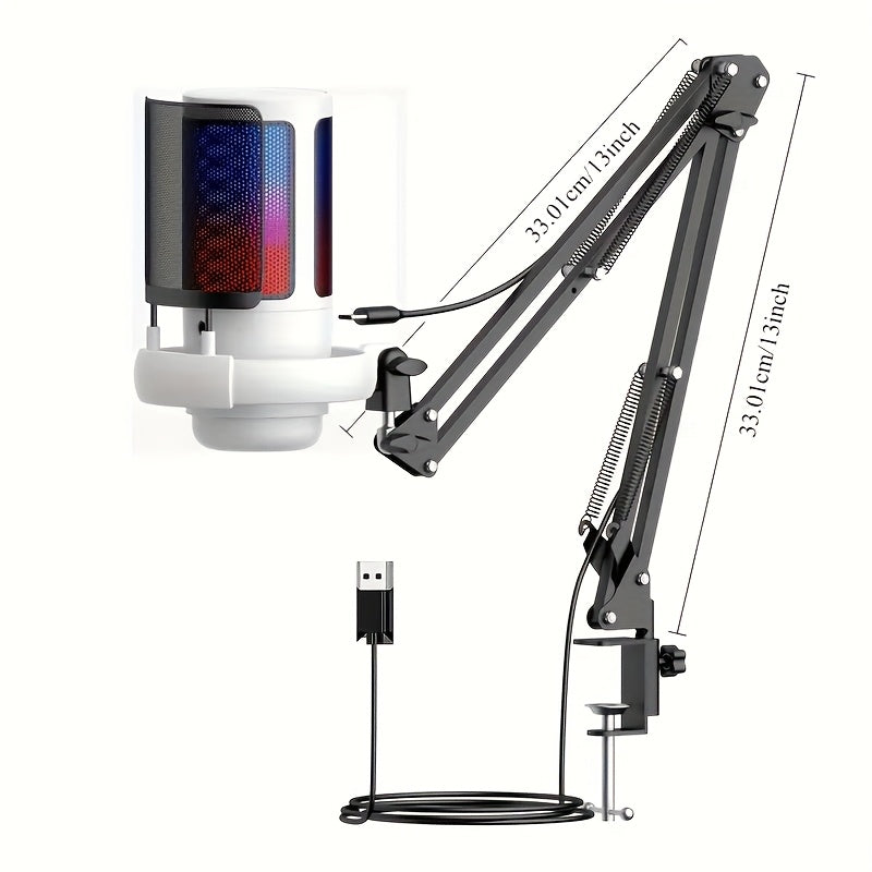 Micrófono de condensador de escritorio USB, micrófono de grabación para videoconferencias y llamadas de voz de juegos, con soporte de caballete, reducción de ruido, luz RGB, táctil, adecuado para computadoras PC, portátiles, transmisiones en vivo, podcas