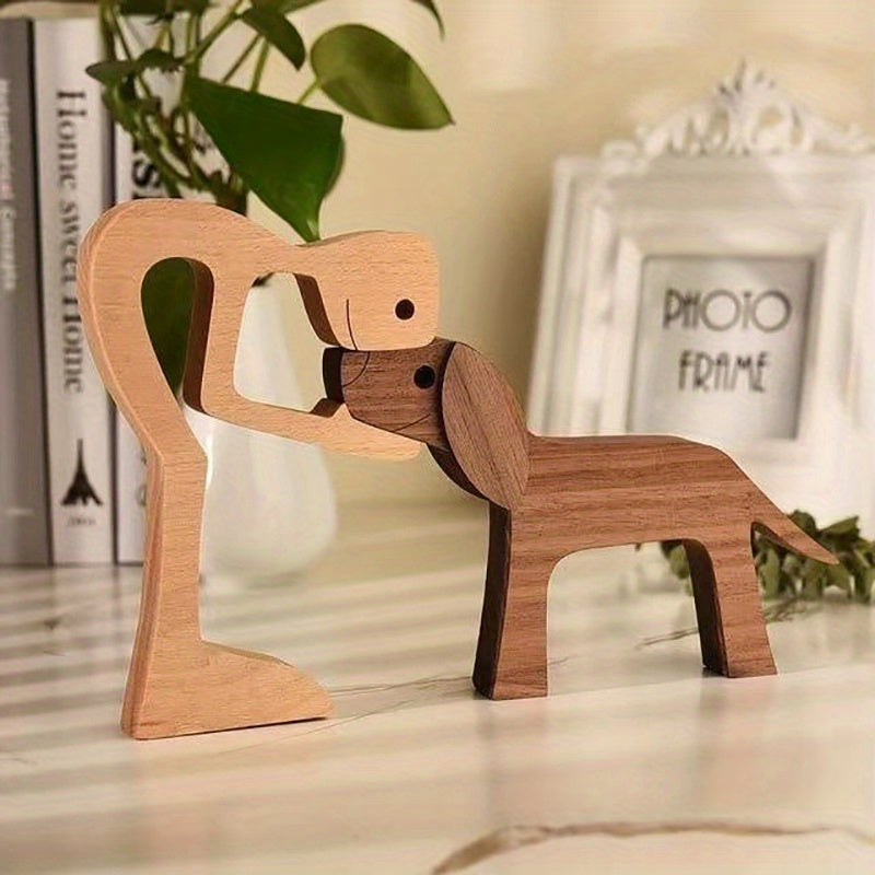 Figura de Perro de Madera Hecha a Mano - Escultura Encantadora de Familia y Mascota para Decoración de Hogar u Oficina, Regalo Perfecto para San Valentín o Navidad