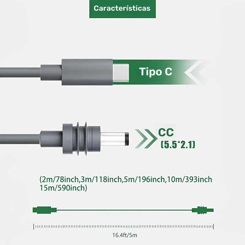 Cable de alimentación DC a USB C, cable de carga de entrada USB C a salida DC, funciona con cargador PD y banco de energía PD, salida DC