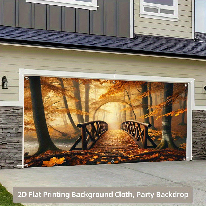 1pc Pancarta Extra Grande Puente del Bosque de Otoño - Decoración Dorada con Hojas, Fondo para Fiesta (398.78x180.34 cm) - Cubierta Lavable y Reutilizable para Garaje en Poliéster, Decoraciones para Cumpleaños/Gracias/Halloween - Banderín Colgante sin Ne