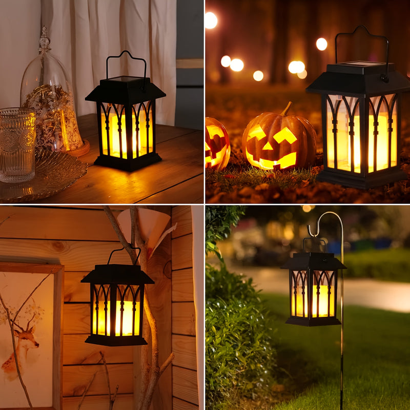 Linternas colgantes con energía solar para exteriores, paquete de 2 luces de velas parpadeantes de plástico, iluminación decorativa impermeable para porche, mesa de patio, panel solar no extraíble, batería de níquel de 400 mAh