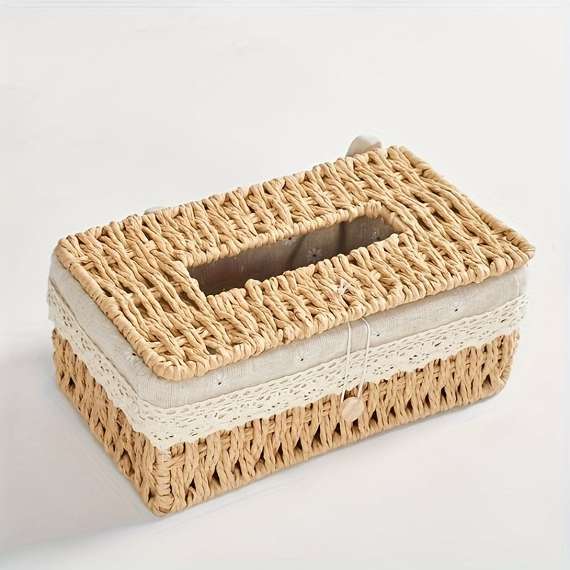 Cubierta de Estilo Vintage para Caja de Pañuelos Tejida con Tapa - Organizador de Almacenamiento de Cuerda de Papel Duradero para Decoración del Hogar, Ganchos de Utilidad