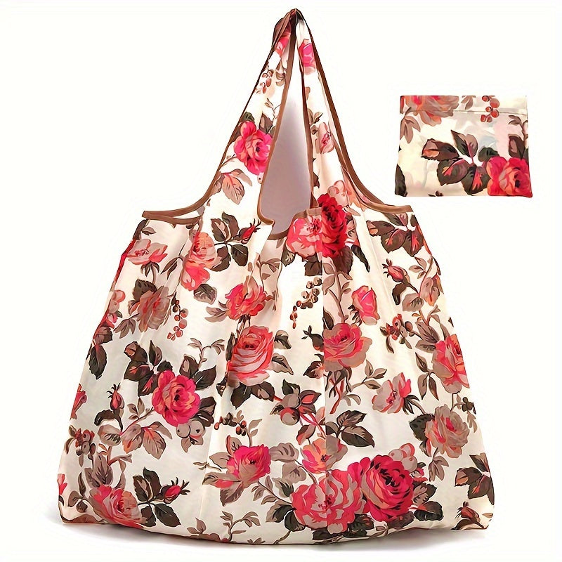 1 Bolsa de Compras Grande con Estampado Floral de Nailon - Duradera, Lavable, Plegable con Bordes Marrones, Bolso de Supermercado Reutilizable Adecuado para Compras de Alta Calidad