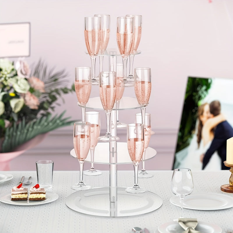 Soporte Elegante de 3 Niveles para Cócteles Transparente con Acrílico y 12 Porta Vasos - Exhibidor de Copas de Champán de Dos y Tres Pisos, Ideal para Fiestas y Eventos