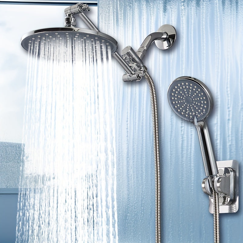 Cabezal de Ducha de Lluvia de Alta Presión con Brazo de Extensión de 10" - Montado en la Pared, Soporte Ajustable a Prueba de Fugas & Combo de Rociador Manual, Acabado Pulido