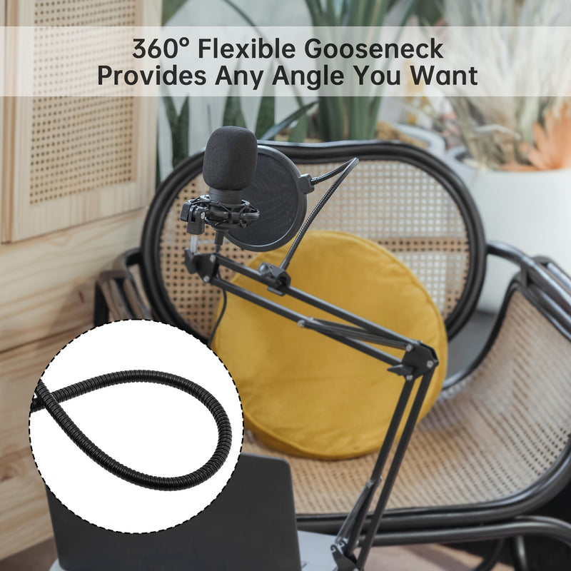 Filtro de Pop de Micrófono de Doble Capa con Cuello de Ganso Ajustable 360° - Ideal para Grabación Vocal y Transmisión en Vivo, Negro