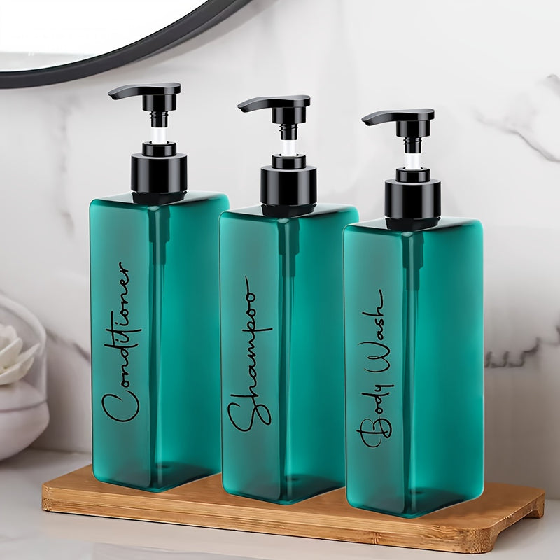 Set de 3 botellas recargables de plástico de 500 ml para champú, acondicionador y gel de baño con etiquetas impermeables para decoración del baño en casa - Contenedores de jabón para la ducha sin necesidad de electricidad