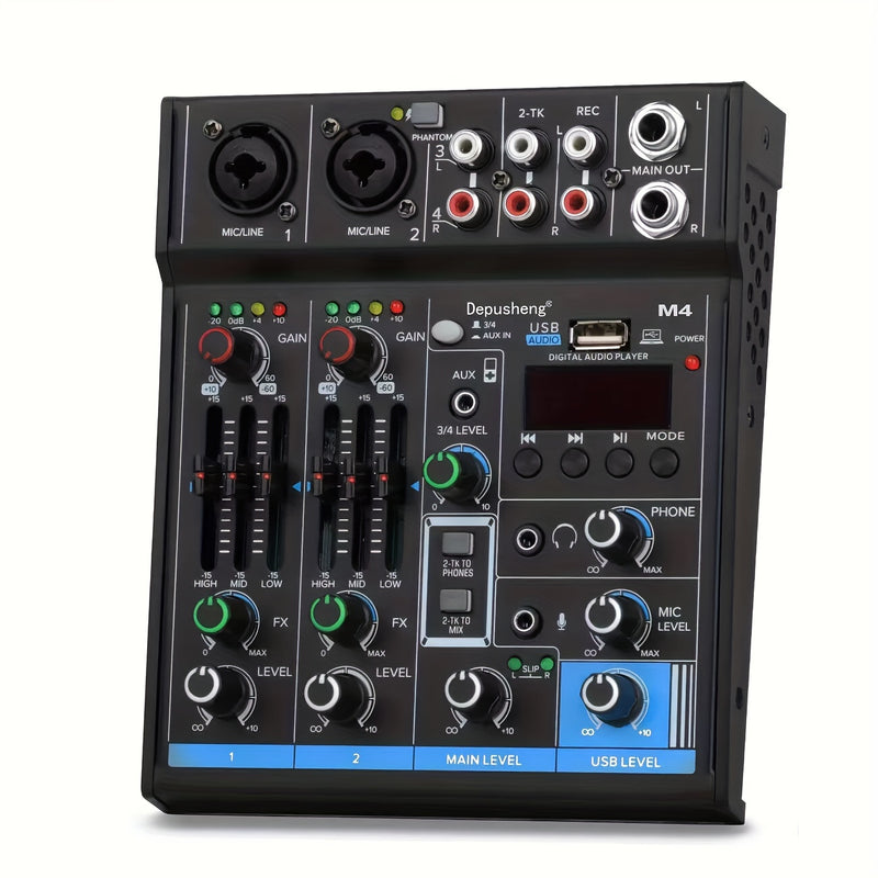 Depusheng M4 Mezclador de Audio de 4 Canales - Grabación USB, Alimentación Phantom de 48V, Ideal para Estudios y Actuaciones en Vivo