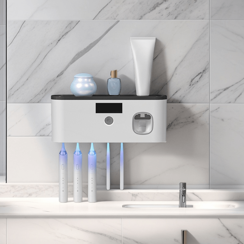 Portacepillos inteligente con luz UV, organizador de baño sin taladro, carga USB, 4 compartimentos coloridos, diseño blanco moderno para cepillos de dientes e hilo dental, instalación sin perforaciones, estética contemporánea