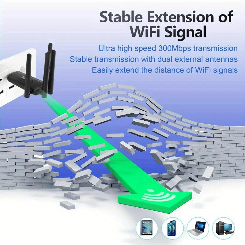 Amplificador de WiFi 300Mbps, Repetidor sin varillas Alimentado por USB para TV Inteligente, Laptop y Tableta - Elimina Zonas Muertas, Configuración Plug & Play, Amplificador Portátil para Hogar/Oficina, Alta Velocidad, Internet Potenciador, Ideal para T