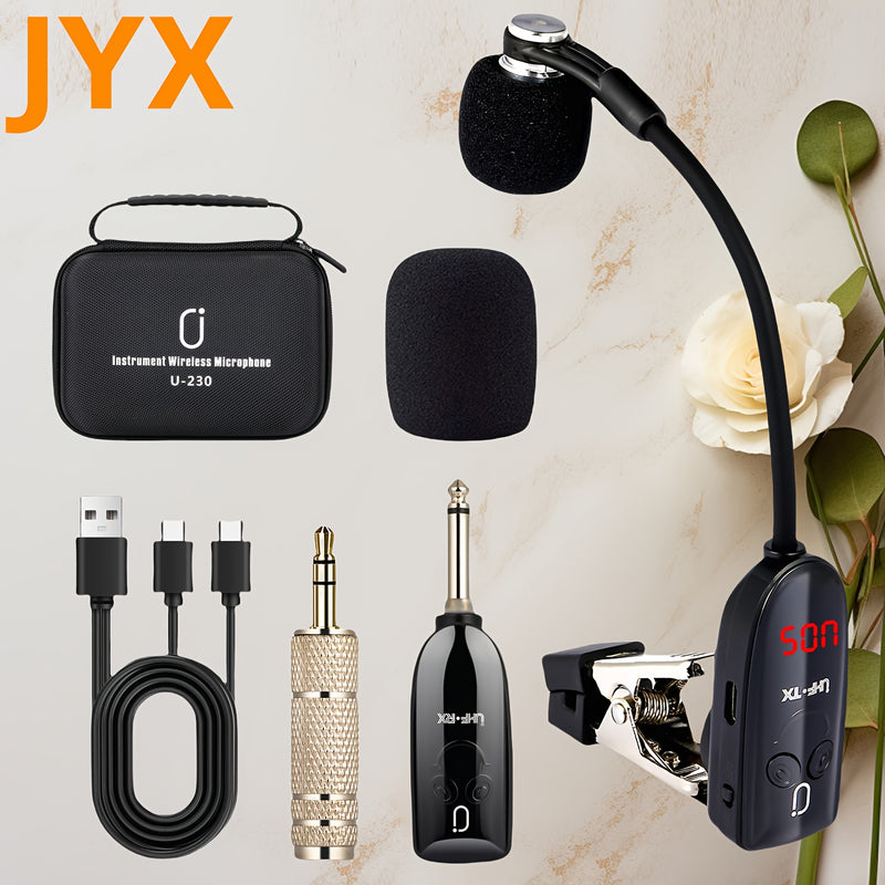 JYX Sistema de Micrófono sin varillas UHF de Alta Calidad Más Reciente, Micrófono para Saxofón con Receptor y Transmisor de Carga USB, Alcance de 160 Pies, Conectar-y-Jugar para Trompeta, Clarinete, Violonchelo, Tuba, Cuerno Francés, Alt