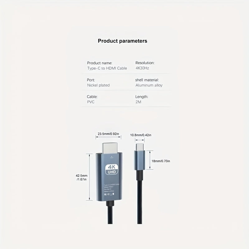 Cable adaptador USB-C a HDTV 4K, transferencia de datos de alta velocidad a 30Hz, duradero y portátil, para MacBook Pro/Air, iPad Pro/PixelBook, XPS, Galaxy y más - No requiere carga, adaptador de red
