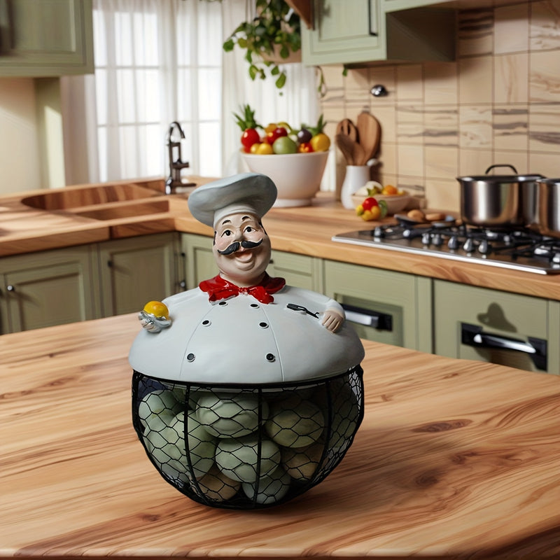 Cesta de almacenamiento de huevos de metal con temática de chef con tapa, organizador decorativo de encimera de cocina, seguro para el contacto con alimentos - 1 pieza