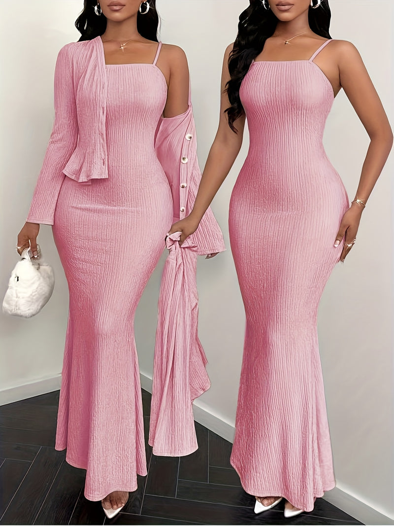 YY0102111 Conjunto Elegante de Vestido Camisola y Cárdigan de Color Sólido 2 Piezas, Adecuado para Primavera Verano Otoño