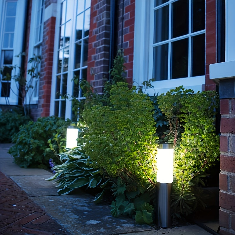 Juego de 2 luces de jardín LED alimentadas por energía solar - Hechas de acero inoxidable, adecuadas para iluminación de jardín y camino al aire libre, con un diseño de estaca de suelo.