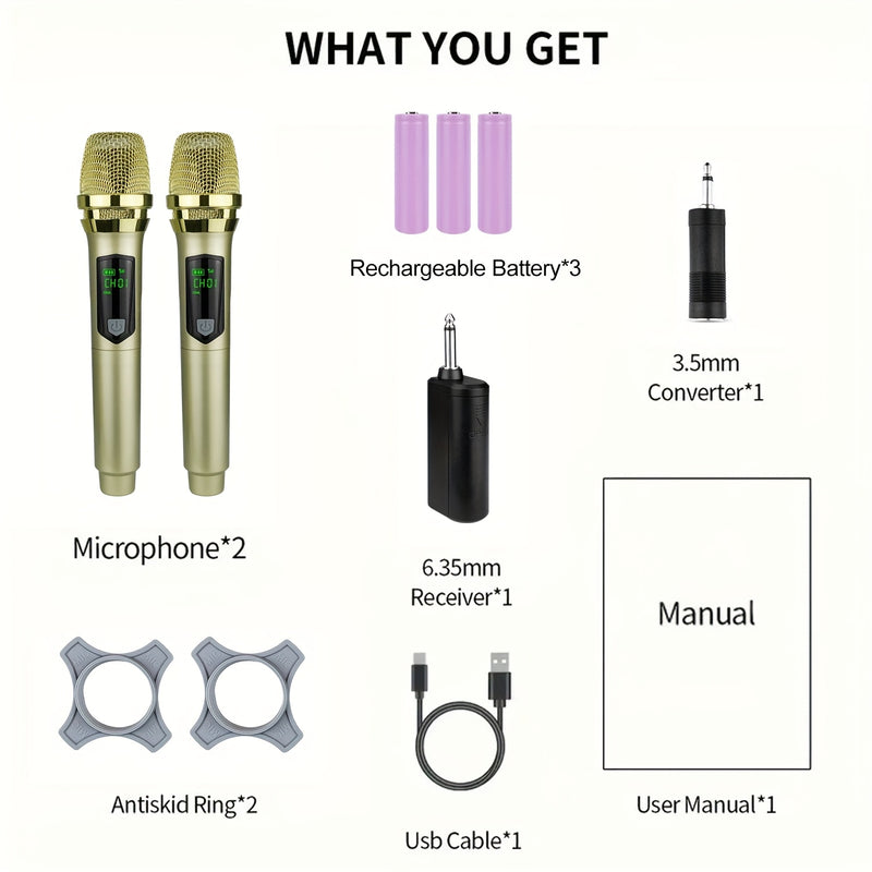 Conjunto de Micrófono sin varillas Dual con Receptor Recargable y Salida 1/4", Plug and Play para Karaoke y Canto