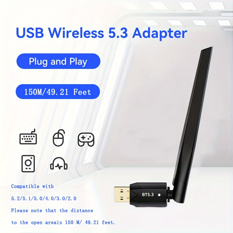 Adaptador inalámbrico USB BT 5.3 de alcance ultra largo, distancia máxima de conexión de alcance abierto de hasta 150 m/49.21 pies, receptor de dongle inalámbrico USB para PC de escritorio y portátiles, compatible solo con Windows 8.1/Windows 10/Windows