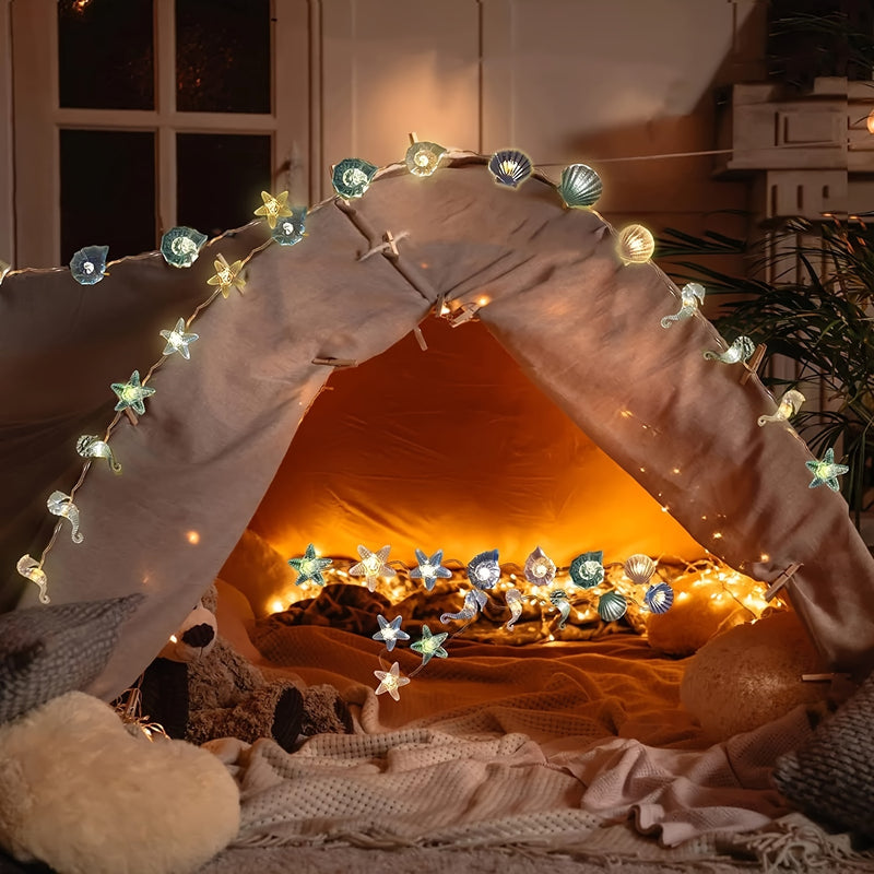 Luces LED de alambre de cobre con diseños de estrellas de mar, caballitos de mar, conchas y caracoles, decoración para el hogar, fiestas, bodas y festivales, funcionan con pilas, 36V seguro, pilas no incluidas, iluminación festiva, luces con batería, dec