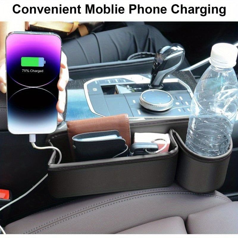 Caja de almacenamiento ajustable para rellenar el hueco entre los asientos del coche con tapa para tazas - Organizador multifuncional para teléfono, llaves, gafas y tarjetas, negro, solución de almacenamiento para coche | Accesorio de coche elegante | Al
