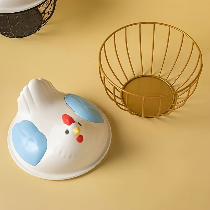 1 cesta de huevos estilo granja, no requiere energía, material duradero de plástico y hierro fundido, diseño blanco de pollo decorativo con pico y patas de colores, ideal para almacenamiento de cocina, soporte de huevos para refrigerador.