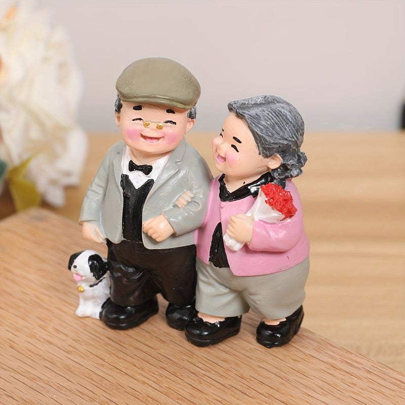 1pc Estatua de Resina Encantadora - Pareja Mayor Caminando con Perro y Flores, Tema Romántico de Amor para Decoración Interior/Exterior, Regalo Perfecto para San Valentín, Aniversario, Navidad, Día de la Madre, Día del Padre, Día de los Abuelos