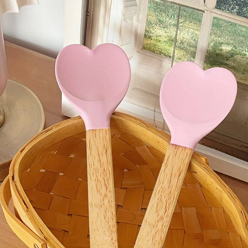 1pc Espátula de silicona en forma de corazón con mangos de madera - Resistente al calor, ideal para cocinar, hornear, mezclar - Perfecto utensilio de cocina para repostería y remover