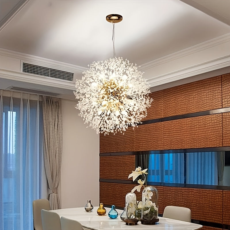 1 lámpara de cristal dorado de lujo, diseño moderno de diente de león, cable ajustable para suspensión, estructura metálica, ideal para sala, comedor, dormitorio o cocina, incluye 8 cabezales G9 (bombillas no incluidas, compradas por separado)