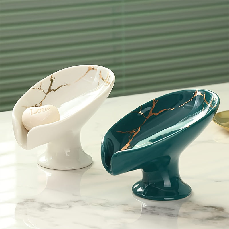 1pc Elegante Jabonera de Cerámica con Patrón de Mármol y Función de Auto-Drenaje - Forma de Hoja, Fácil de Limpiar, Mantiene el Jabón Seco y Elegante para la Decoración del Baño