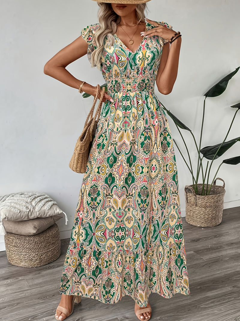 Vestido midi elegante para mujer con estampado floral, cuello en V, ajustado, mangas cortas y dobladillo con volantes - Lavable a máquina, vestido lápiz para todas las estaciones, ocasiones casuales o formales, estilo versátil y femenino, material durade
