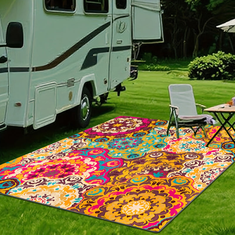 Estampado digital 2D plano con patrón floral, alfombra decorativa de estilo étnico, alfombra interior de RV, alfombra de tienda, alfombra de patio, alfombra de bienvenida, alfombra de camping, adecuada para camping al aire libre, senderismo, viajes en ca
