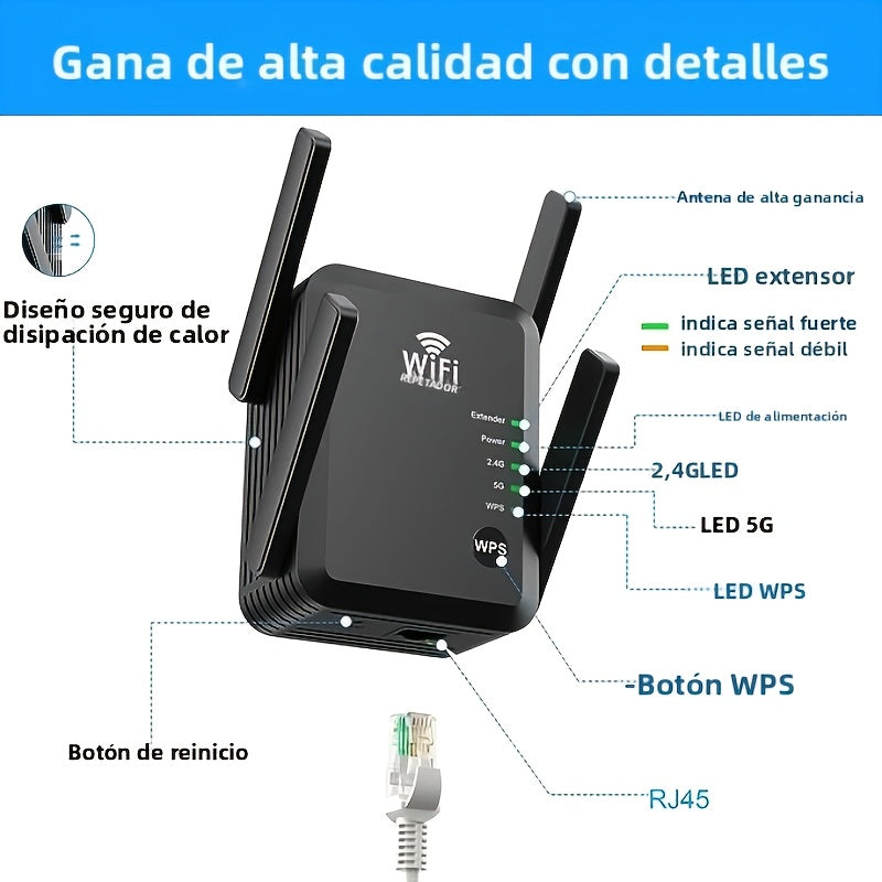Amplificador de WiFi, Amplificador de Señal Banda Doble 5G 1200Mbps para Hogar, Cubre hasta 7000 Pies Cuadrados y 20 Dispositivos