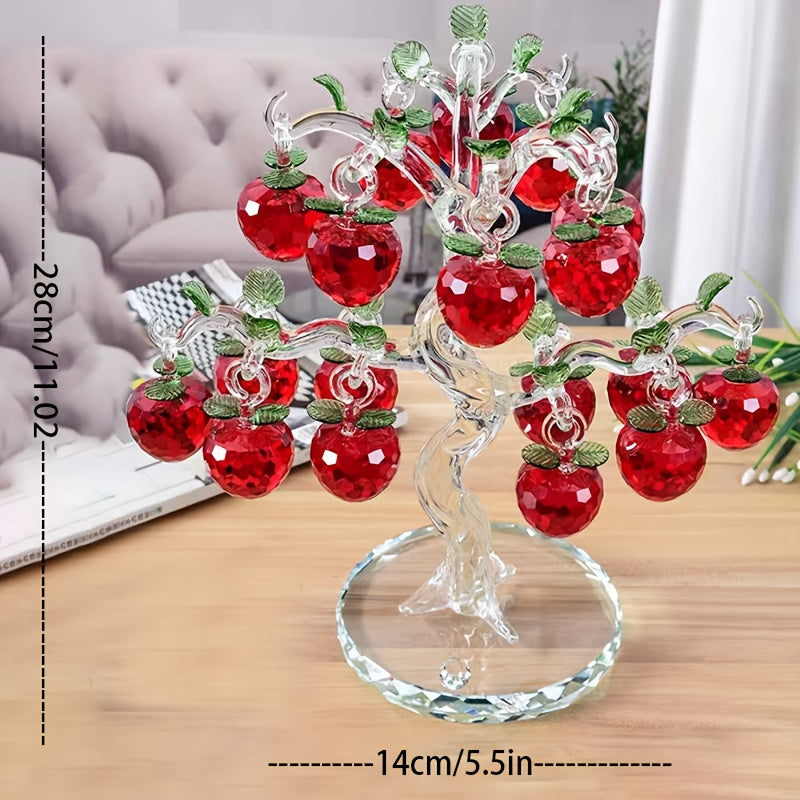 Elegante decoración de árbol de manzana de cristal - Adorno de vidrio rojo y transparente con hojas doradas, perfecto para oficina, sala de estar o mostrador de entrada, decoración de manzana.