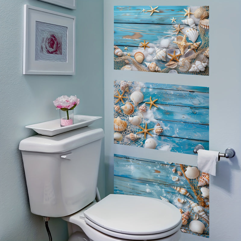 Un conjunto de tres (20*30Cm*3piezas) calcomanías de tema oceánico para inodoro con estrellas de mar y conchas para decorar baños y habitaciones, autoadhesivas ATW7028-YC.