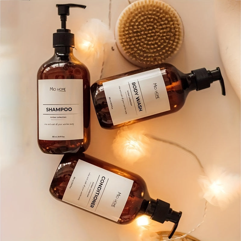 Dispensador de shampoo y acondicionador con bomba de plástico negro, 3 piezas de dispensadores para shampoo, acondicionador y jabón corporal, 500 ml/16 oz, con etiquetas, botellas rellenables