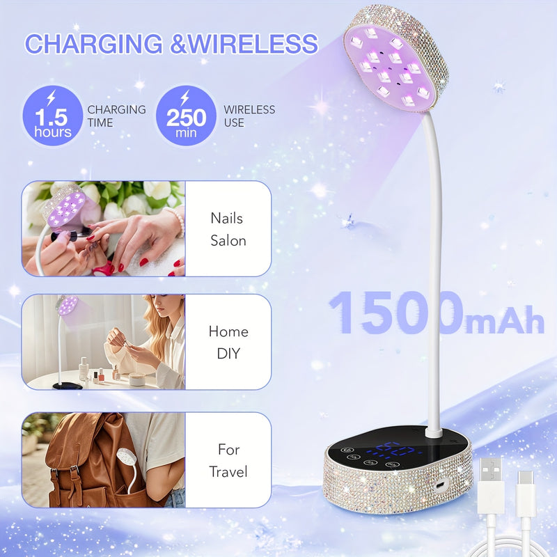 Linterna de Uñas Compacta para Escritorio con Pantalla Táctil - Secador Portátil con Piedras Brillantes, 12 Luces LED, Sensor Infrarrojo Inteligente, Kit de Manicura Perfecto para Cumpleaños de Mujeres